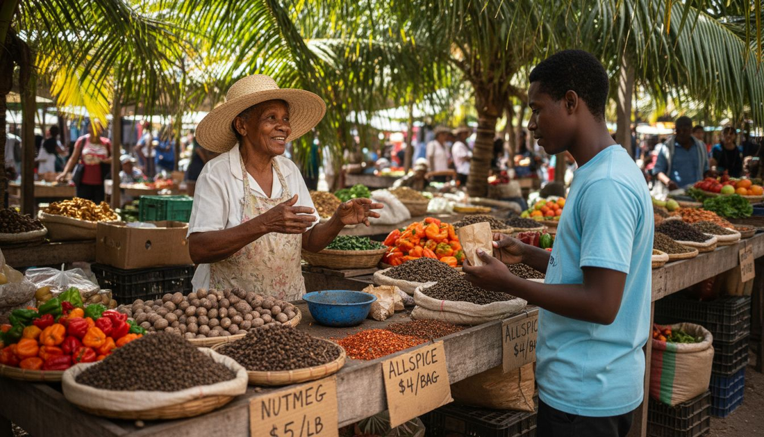Vendor selling colorful Caribbean spices outdoors