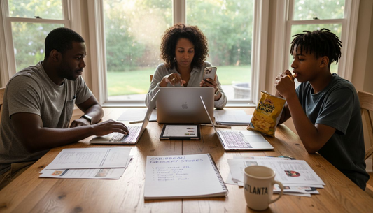 Family comparing Caribbean grocery stores online