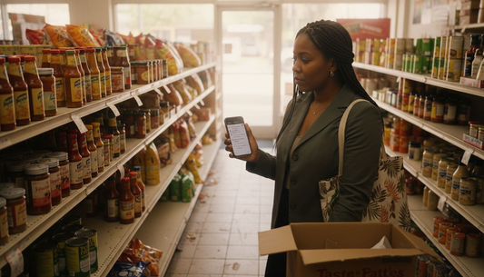 Woman in Caribbean grocery browsing products