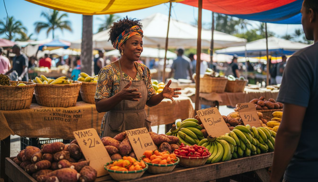 Caribbean market stall with vendor and fresh produce