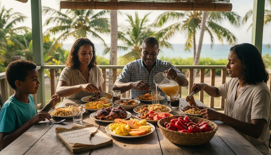 Family sharing vibrant Caribbean meal outdoors