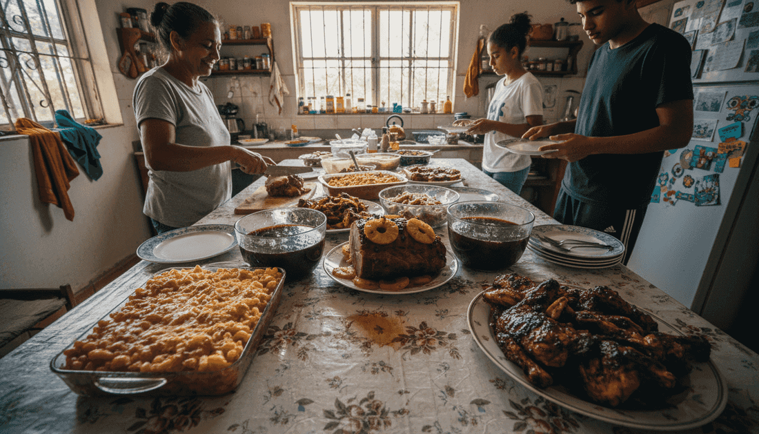 Family preparing Caribbean holiday feast dishes