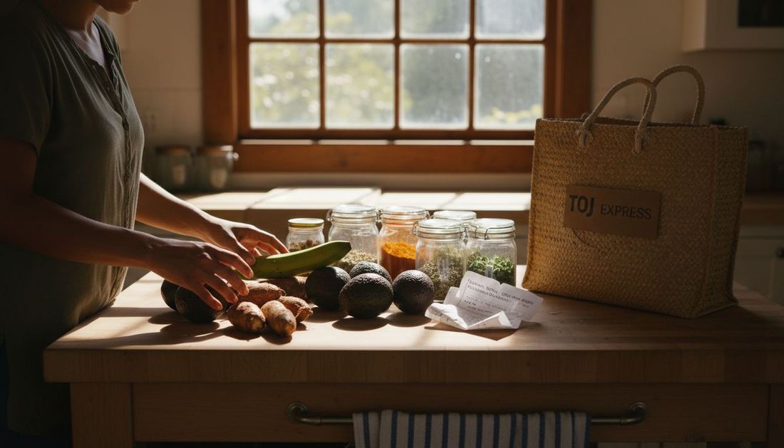 Woman organizing Caribbean produce in kitchen