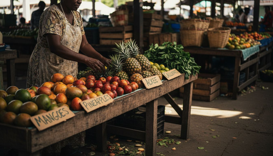 Caribbean vendor arranging seasonal fruits and vegetables
