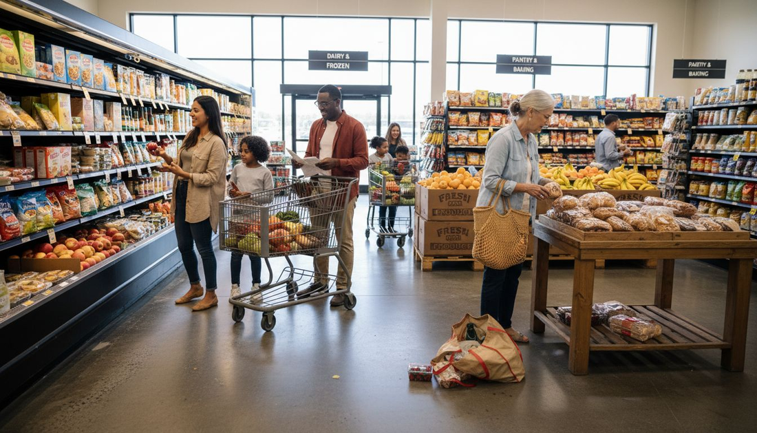 Shoppers browsing wide aisles in grocery store