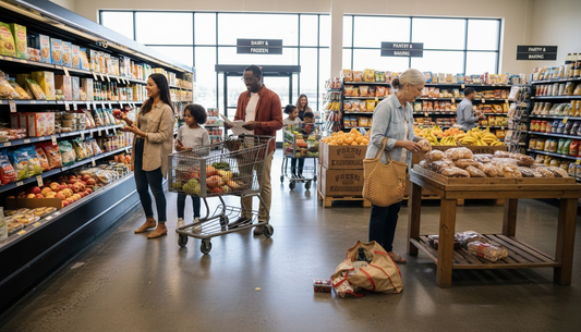 Shoppers browsing wide aisles in grocery store