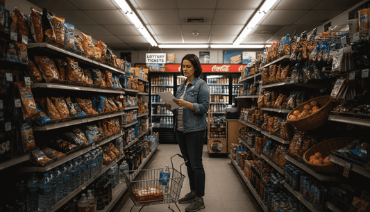 Shopper in Atlanta convenience store with snack aisle