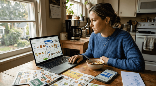 Woman compares grocery websites at kitchen table