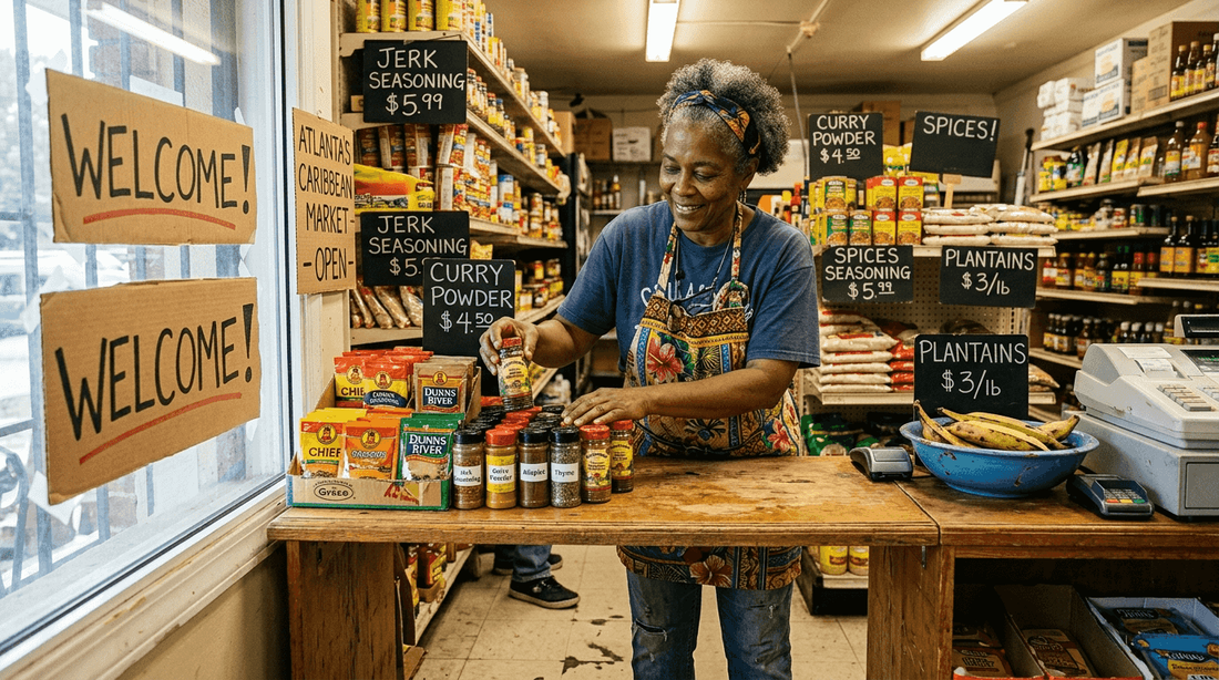Caribbean shop owner arranging imported spices