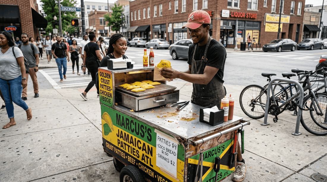 Street vendor serving Caribbean patties in Atlanta