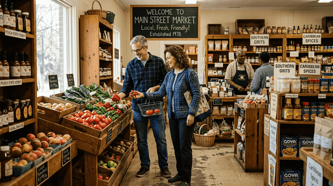 Shoppers browsing vibrant local store aisle