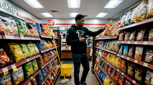 Shopper choosing snacks in Atlanta convenience store