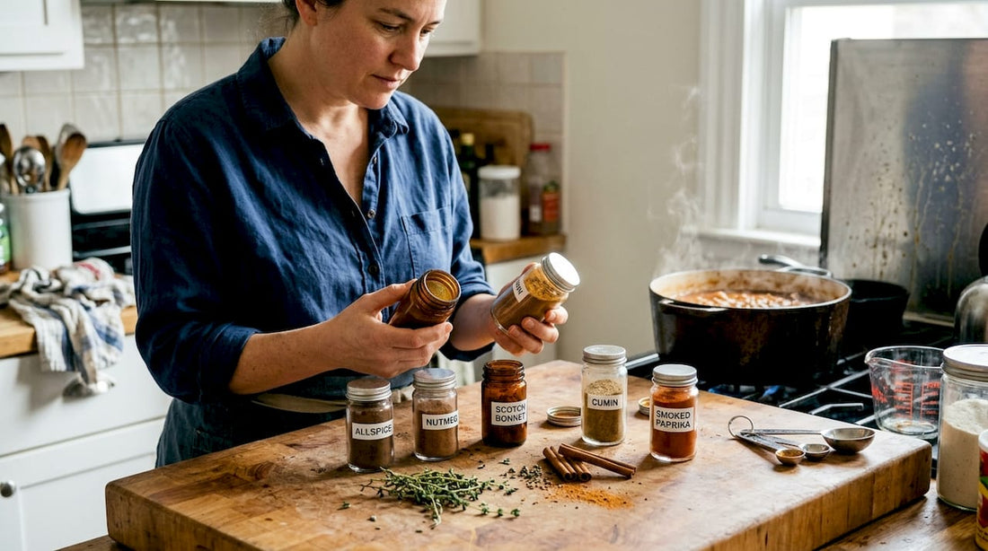 Cook handling Caribbean spices in home kitchen