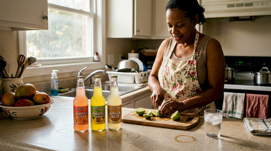 Caribbean sodas on kitchen counter with fruit bowl