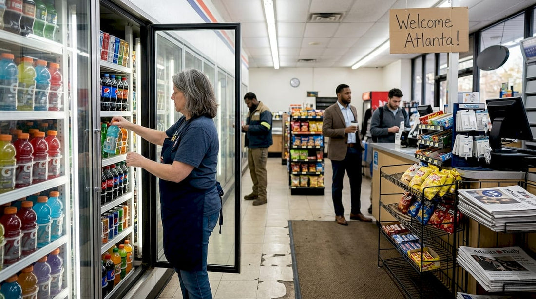 Clerk restocking cooler in Atlanta convenience store