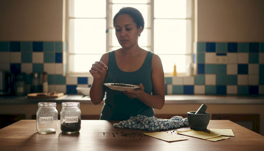 Caribbean cook examining whole spices in kitchen