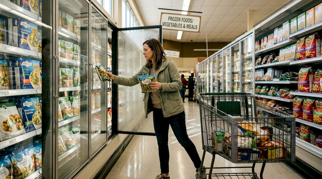 Shopper inspecting frozen vegetables aisle Atlanta