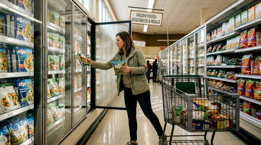 Shopper inspecting frozen vegetables aisle Atlanta