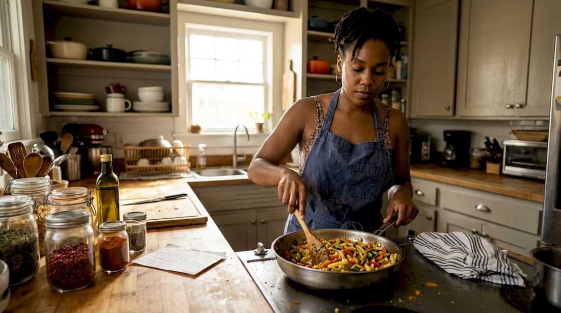 Chef making rasta pasta in cozy kitchen