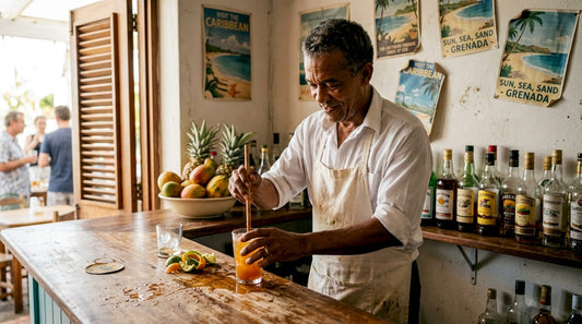 Bartender mixing Caribbean cocktails at island bar