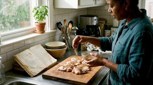 Home cook using Caribbean spices in kitchen