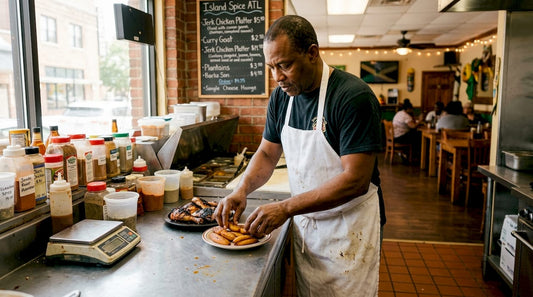 Chef preparing Caribbean cuisine in Atlanta restaurant