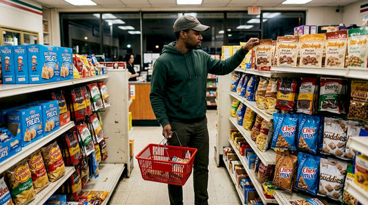Shopper picking snacks in Atlanta store aisle
