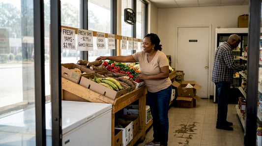 Shop owner arranging produce in Atlanta ethnic store