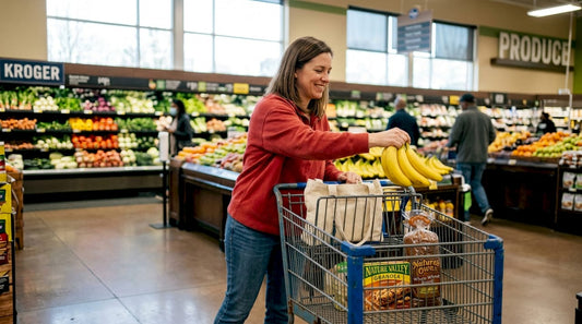 Mother shopping produce in Atlanta supermarket