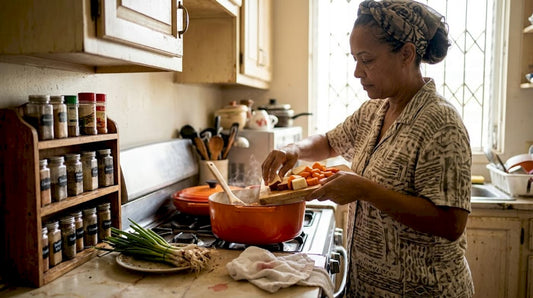 Woman making Caribbean stew in bright home kitchen