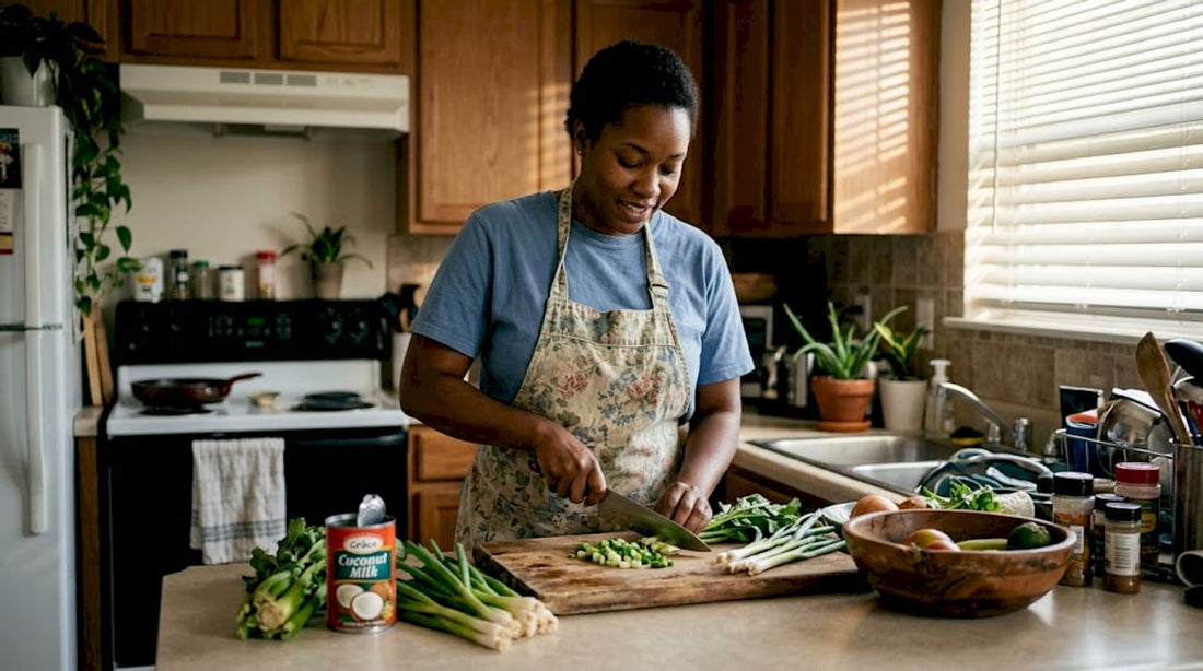 Home cook preparing Caribbean meal in kitchen