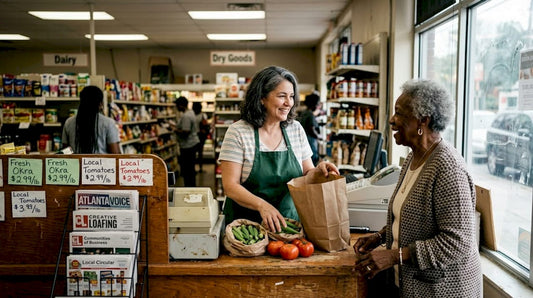 Atlanta local grocer helping customer with fresh produce