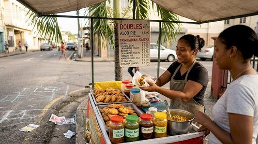 Vendor serving doubles snack on Caribbean street