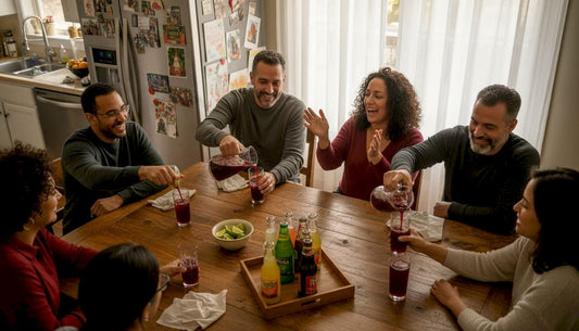 Atlanta friends sharing Caribbean drinks at home