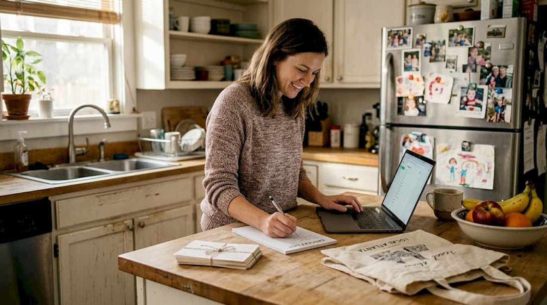Woman preparing holiday grocery checklist in kitchen