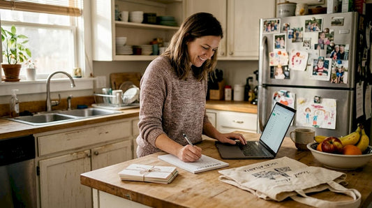 Woman preparing holiday grocery checklist in kitchen