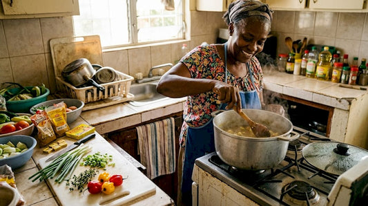 Woman preparing Caribbean soup in traditional kitchen