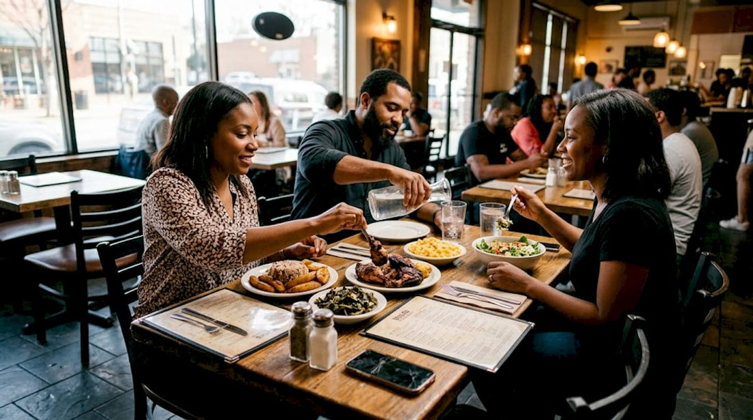 Group sampling dishes in lively Atlanta restaurant