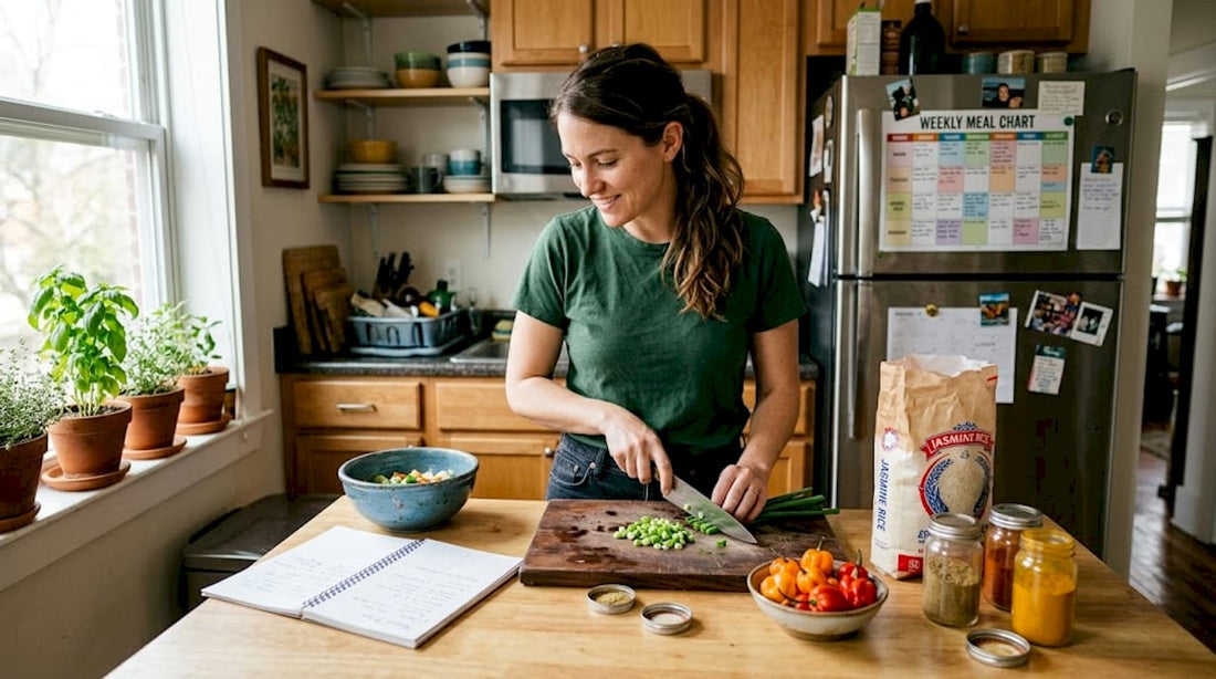 Woman planning Caribbean meals in kitchen
