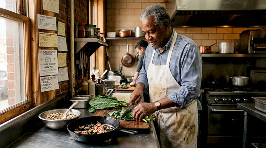 Chef prepping soul food in Atlanta kitchen
