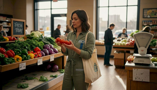Shopper checking tomatoes for freshness in store