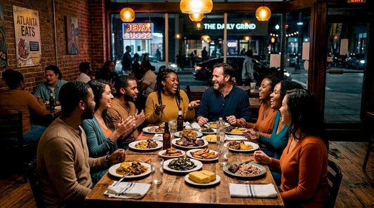 Diverse diners enjoying multicultural meal in Atlanta