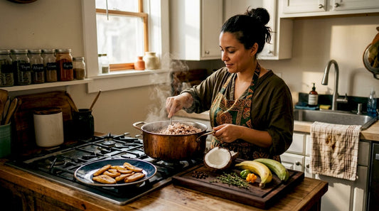 Woman making Caribbean side dishes in home kitchen