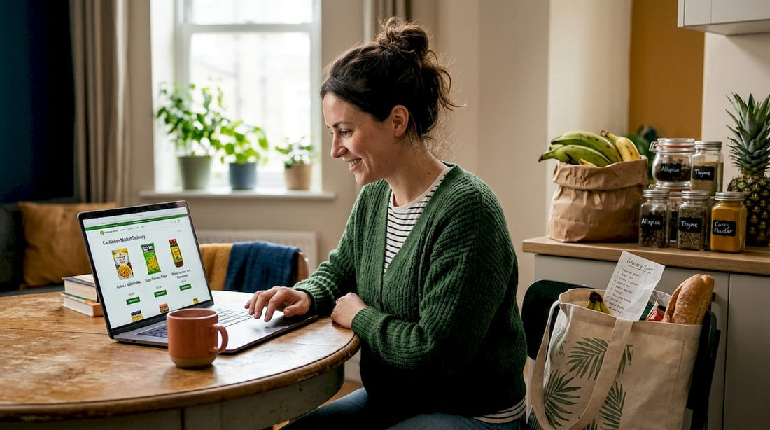 Woman shops Caribbean groceries online at kitchen table