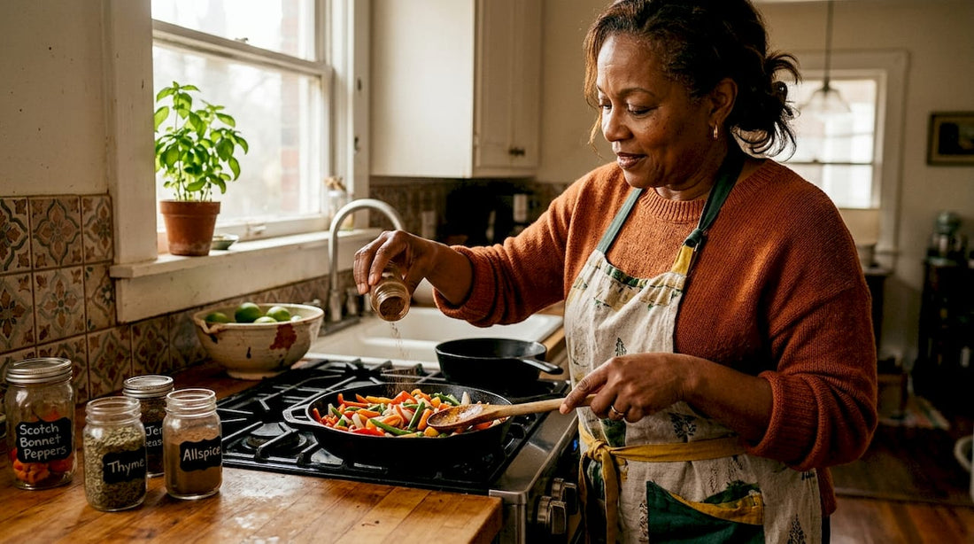 Georgia cook preparing vegetables with Caribbean spices
