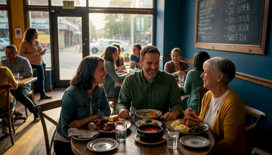 Diners enjoying diverse meals at Atlanta restaurant