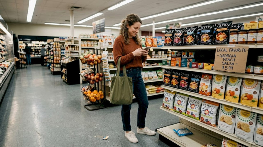 Shopper comparing snacks in Atlanta grocery aisle