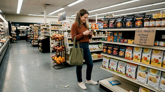 Shopper comparing snacks in Atlanta grocery aisle