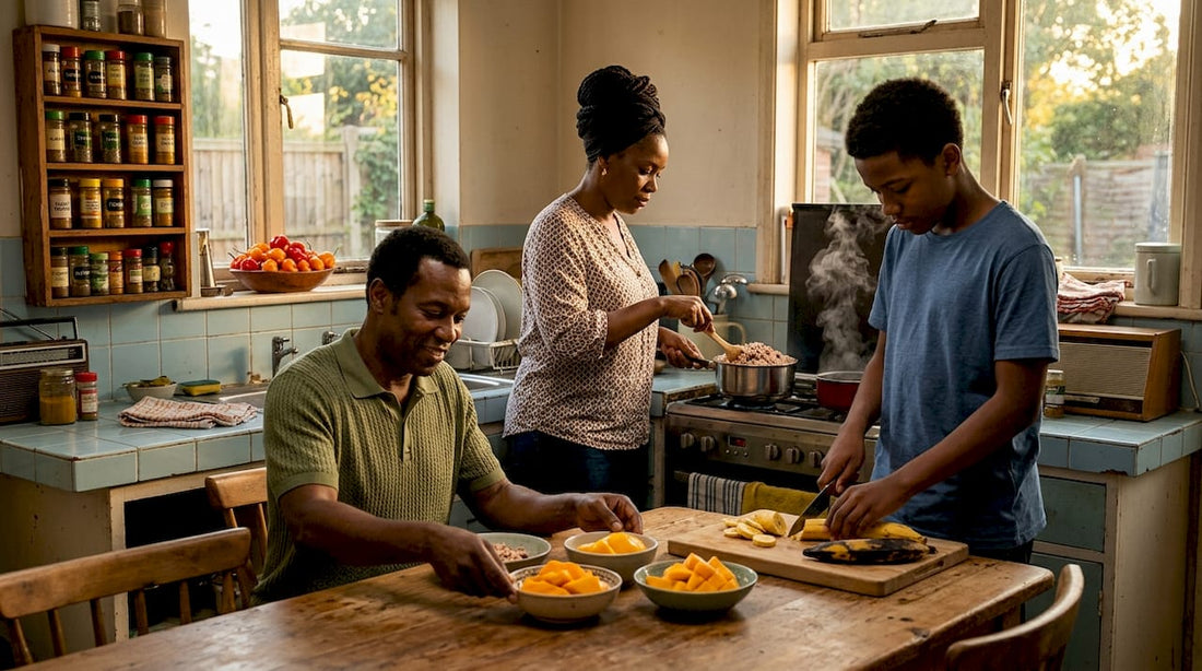Family preparing Caribbean dinner in home kitchen