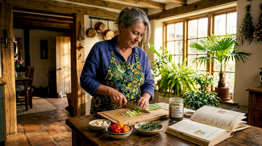 Woman prepping authentic Caribbean meal in home kitchen